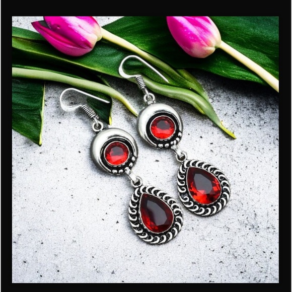 Garnet Red Gemstone Handcrafted Drop Style Dangle Hook Style Earrings 2.4" L NWT - Picture 3 of 4